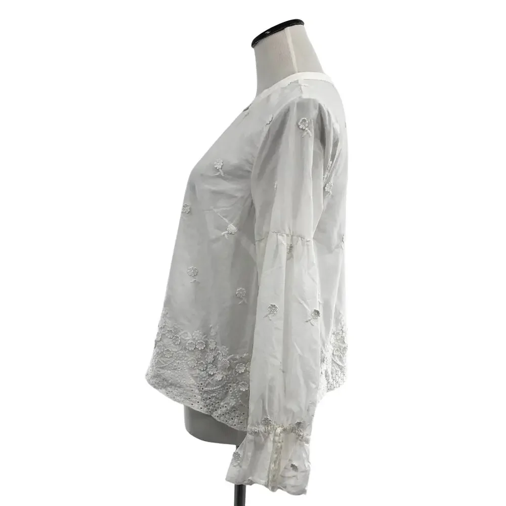 J. Crew White Embroidered Peasant Floral Popover Blouse